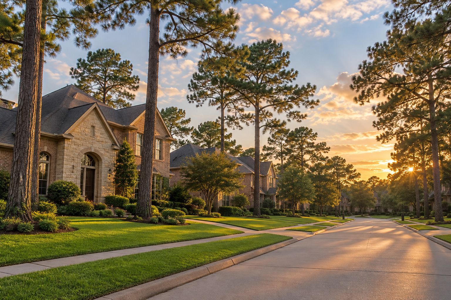 A pine lined Houston area street at sunset