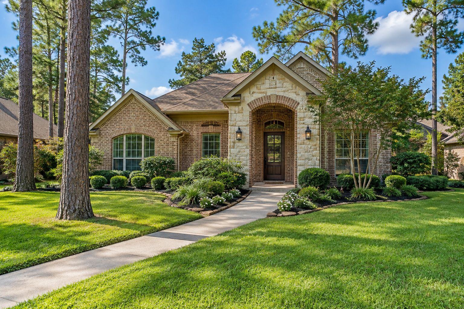 A brick home with landscaped entry