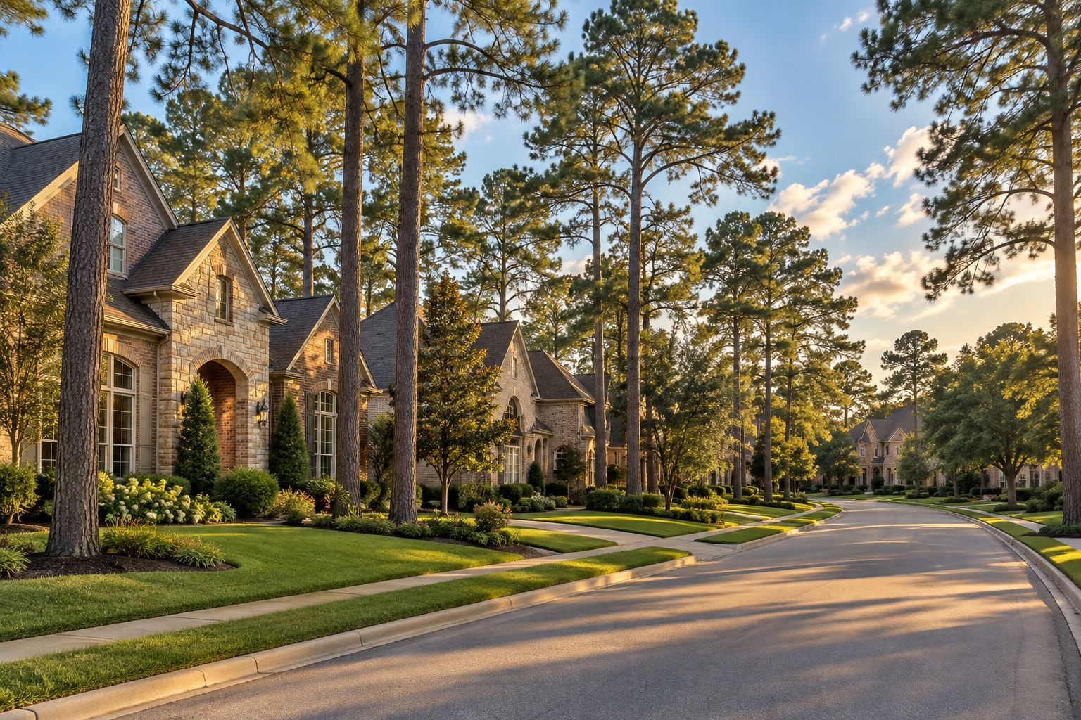A tree lined street of brick homes